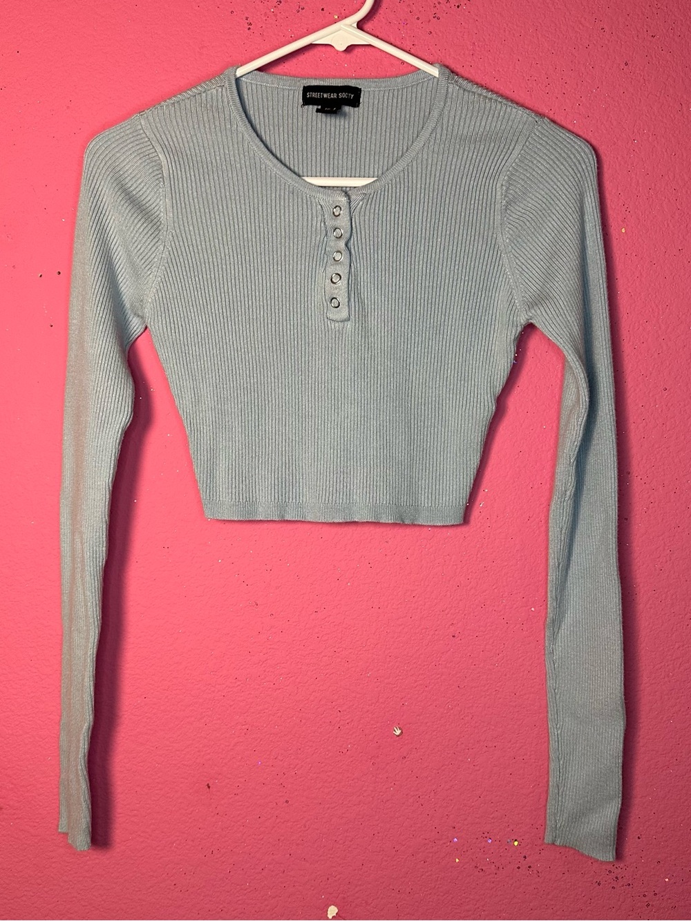 Henley Style light blue ribbed long-sleeve crop Top Button Up Detail Small Cozy